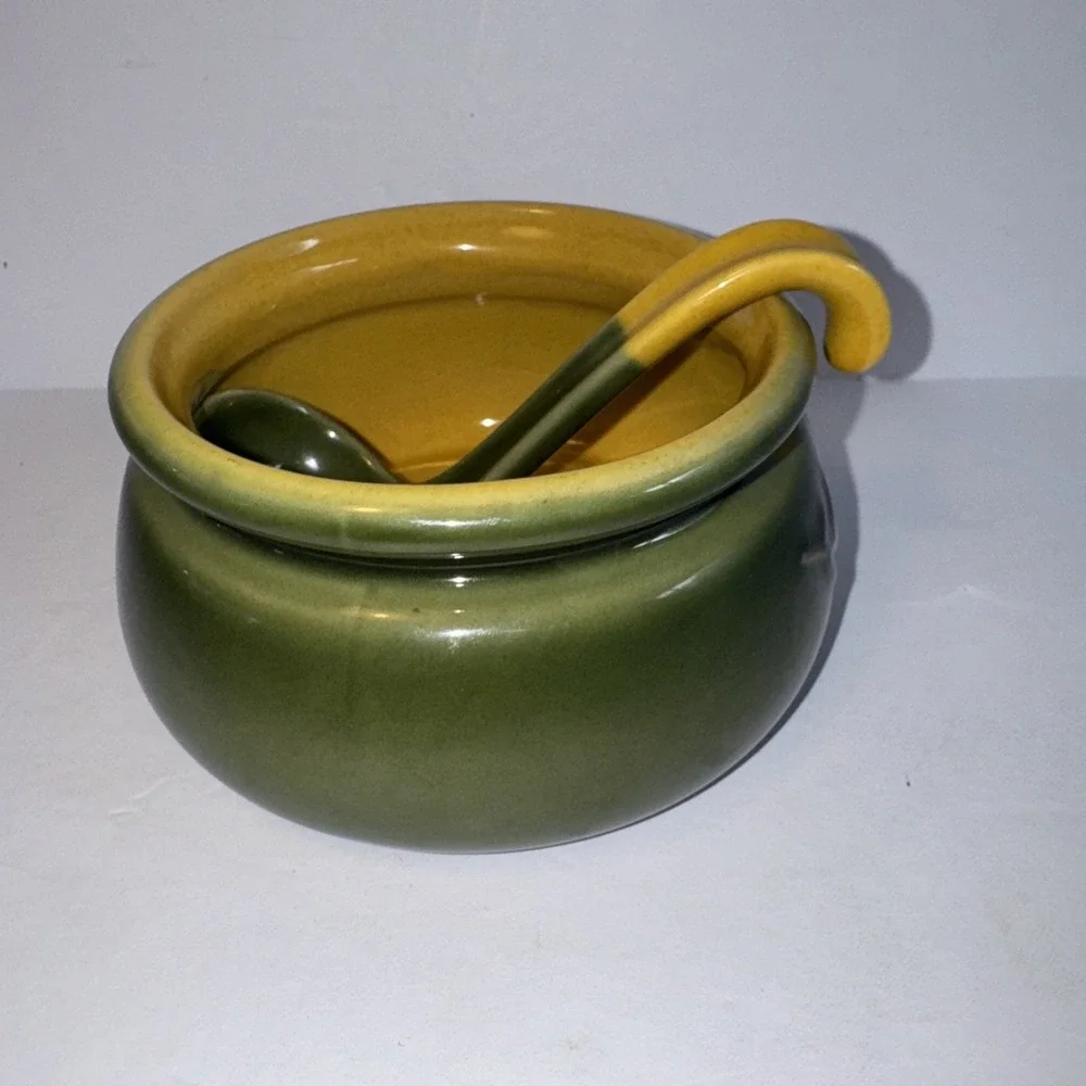 Pier 1 Imports Condiment Sauce Salsa Bowl w/ Ladle - Leaf Pattern - Olive